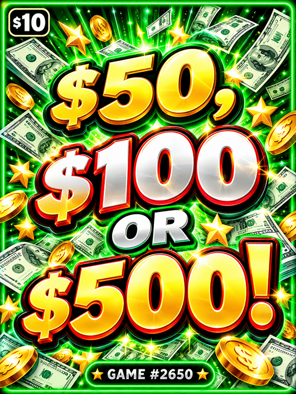 $50, $100 OR $500! — illustration, not the actual ticket