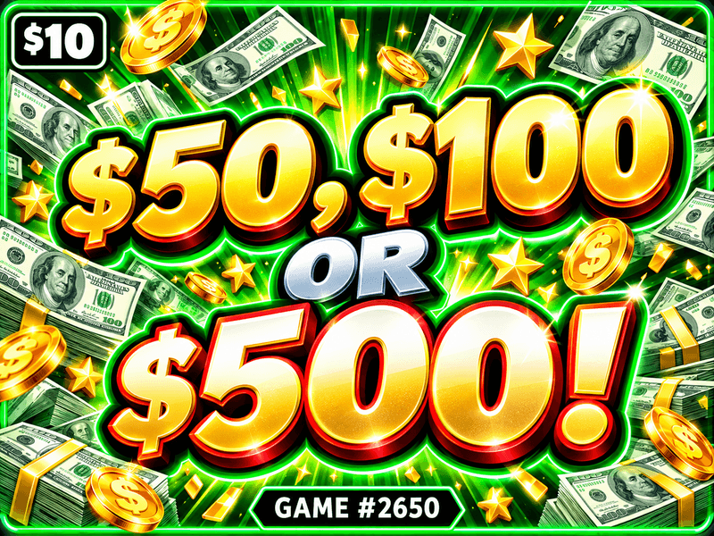 $50, $100 OR $500! — illustration, not the actual ticket