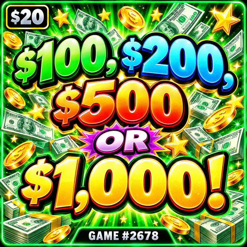 $100, $200, $500 OR $1,000! — illustration, not the actual ticket