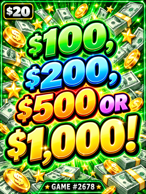 $100, $200, $500 OR $1,000! — illustration, not the actual ticket