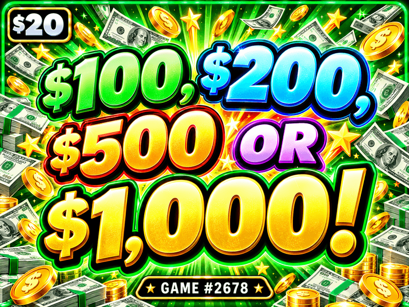 $100, $200, $500 OR $1,000! — illustration, not the actual ticket