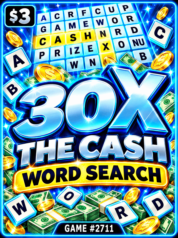 30X The Cash Word Search — illustration, not the actual ticket